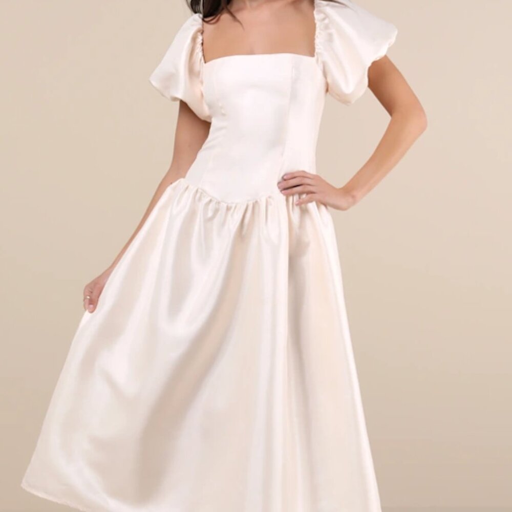 Lulu's Exclusive Charm Cream Taffeta Puff Sleeve Midi Dress